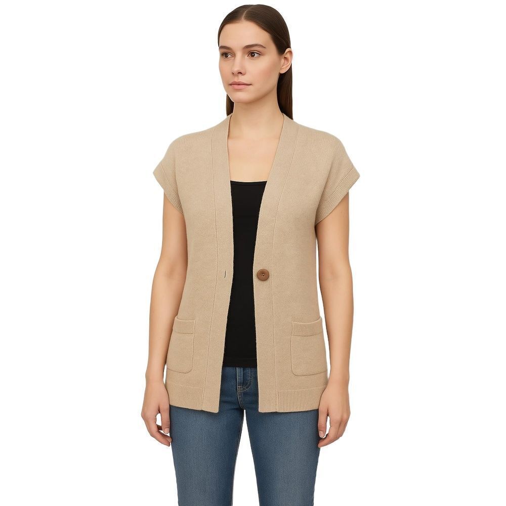 Beth Bowley Beige ButtonUp Minimalist SoftWool Short Sleeve Cardigan Womens S